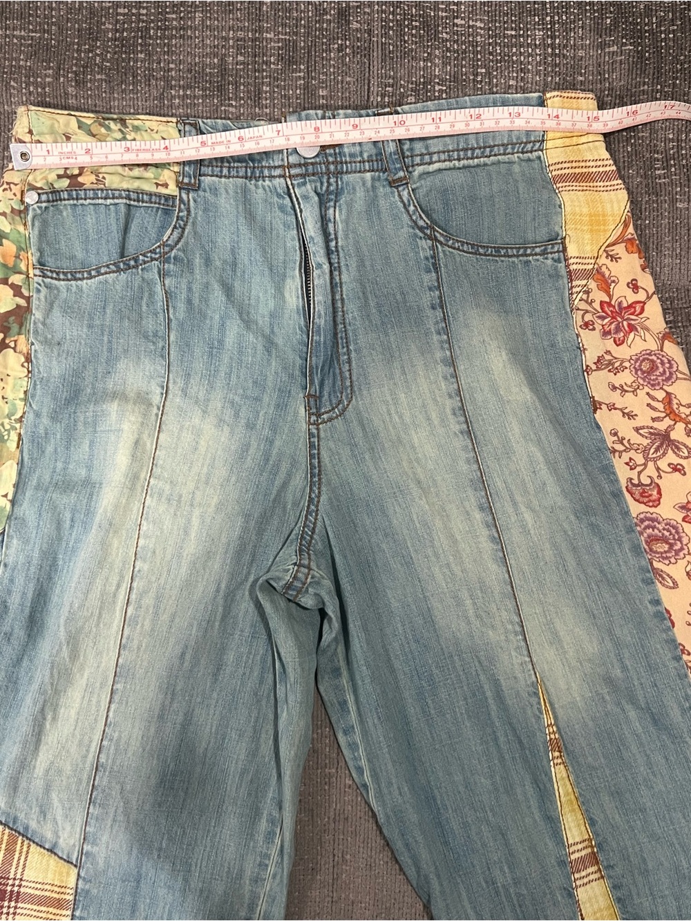 Pilcro Light Blue Patchwork Flare Jeans with Yellow Plaid & Floral Panels - Picture 6 of 7